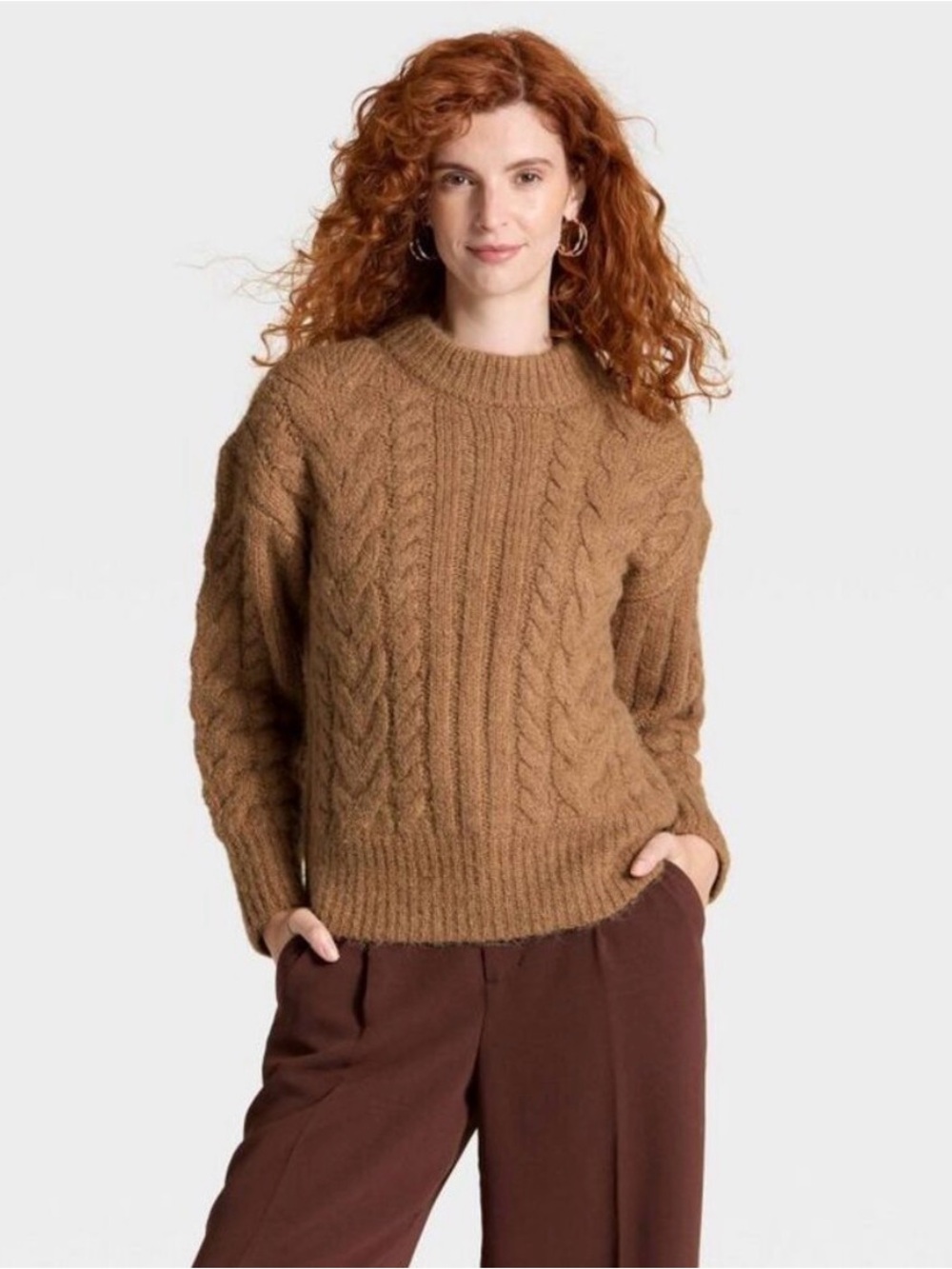 A New Day Women's Medium Long Sleeve Brown Cabled Sweater